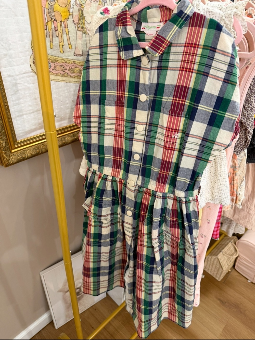Bonpoint Plaid Cotton Dress in Red, Green & Navy